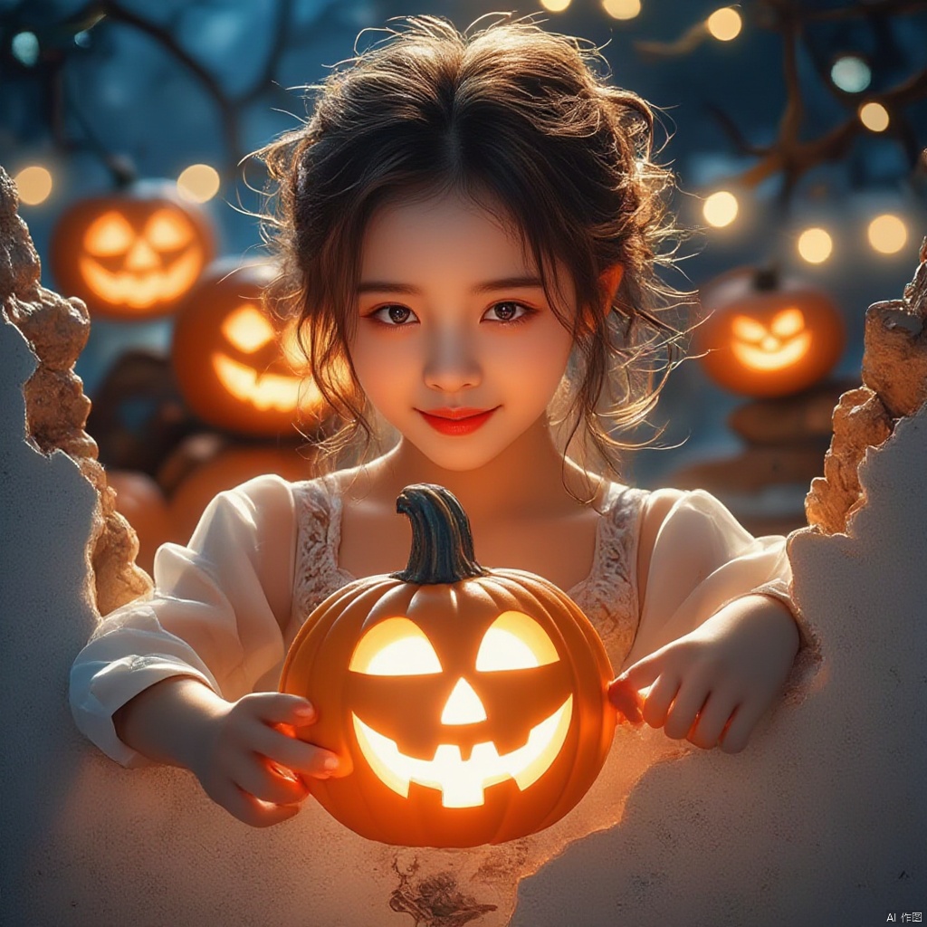 On a rough white wall on Halloween, a girl wearing a jack-o'-lantern package breaks through the wall and stretches out a cute pumpkin head. She smiles, is unique and creative, is imaginative, unconstrained, unexpected, and master photography. A mysterious Chinese girl with curly brown hair and piercing blue eyes gazes directly into the lens, her lips painted crimson, as she holds a radiant jack-o'-lantern that casts an eerie glow on her porcelain skin. Framed against a blurred Halloween backdrop of ghostly pumpkins, she stands out in a surreal atmosphere, where darkness and light converge.