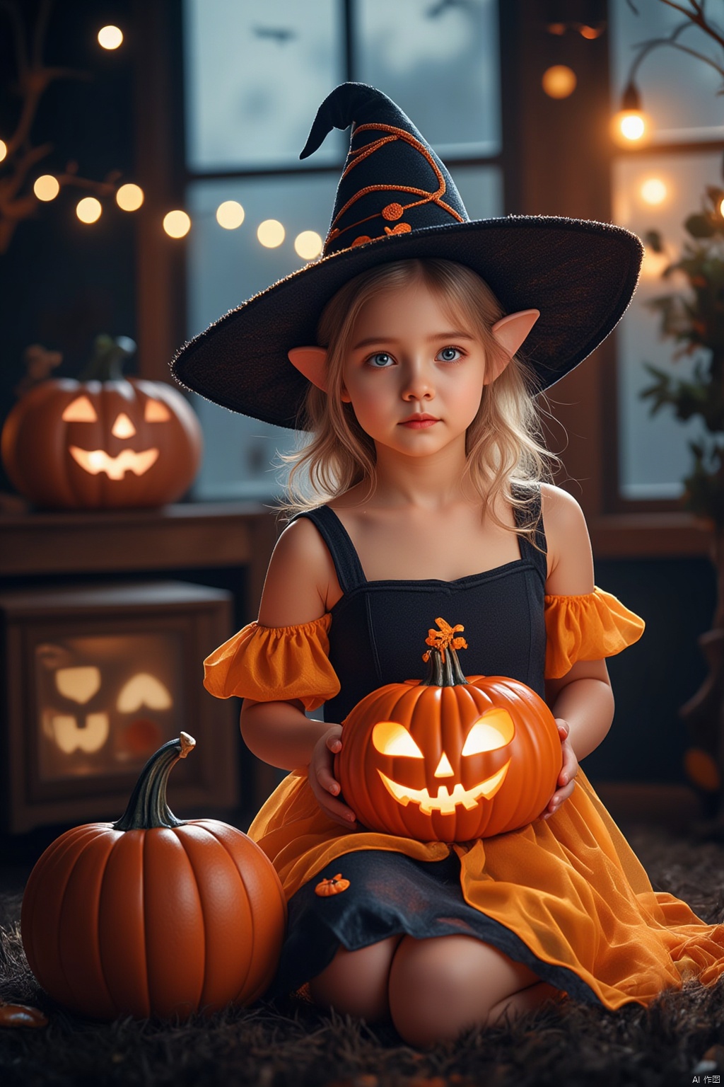 Halloween,1girl,solo,blue eyes,blonde hair,hat,dress,sitting,pointy ears,indoors,window,witch hat,drill hair,realistic,jack-o'-lantern,pumpkin,pumpkin lantern,Felt style,hat_(hat),