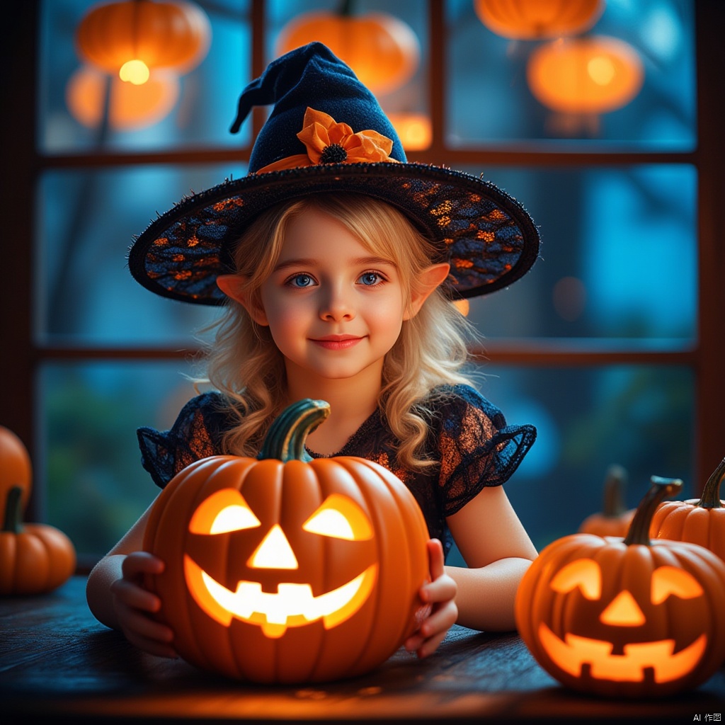 Halloween,1girl,solo,blue eyes,blonde hair,hat,dress,sitting,pointy ears,indoors,window,witch hat,drill hair,realistic,jack-o'-lantern,pumpkin,pumpkin lantern,Felt style,hat_(hat),