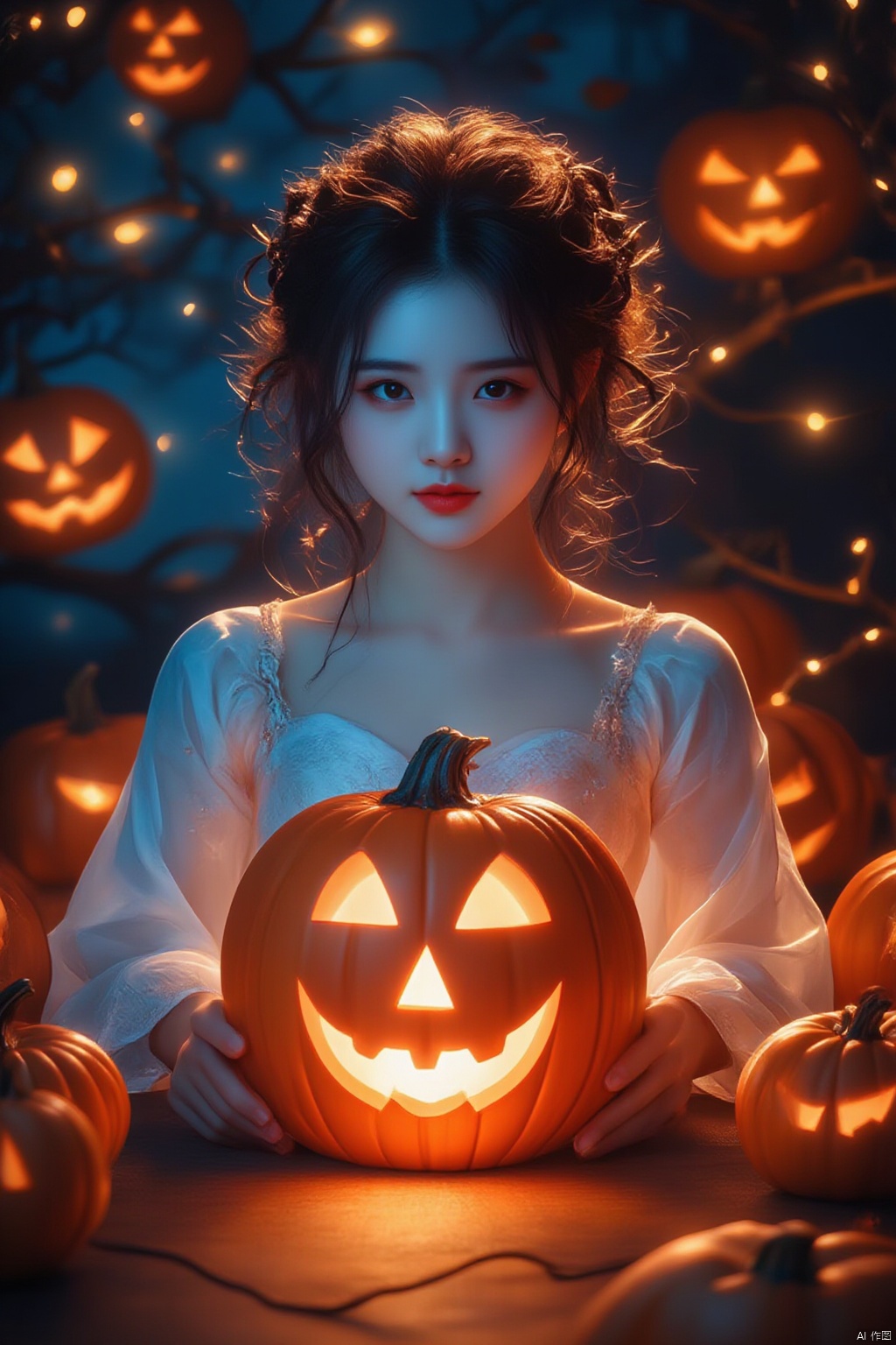 Hauntingly Beautiful: A mysterious Chinese girl with curly brown hair and piercing blue eyes gazes directly into the lens, her lips painted crimson, as she holds a radiant jack-o'-lantern that casts an eerie glow on her porcelain skin. Framed against a blurred Halloween backdrop of ghostly pumpkins, she stands out in a surreal atmosphere, where darkness and light converge.