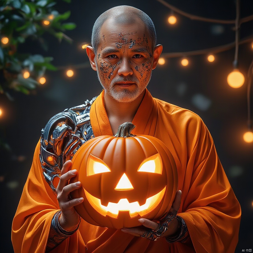 Halloween, wearing a jack-o'-lantern, last night's dim blurred background,Masterpiece, 8K, full_body, cyberpunk_old_Buddhist_monk, orange_monk_robe, cyberpunk_look, futuristic, technological_features, facial_implants, linear_patterns, printed_circuit_boards, cybernetic_aesthetics,
cybernetic_arms, robotic_components, exposed_cables, complex_cybernetic_structure, electronic_components, total_fusion_human_machine, (perfect_eyes), (perfect_face), look_at_viewer