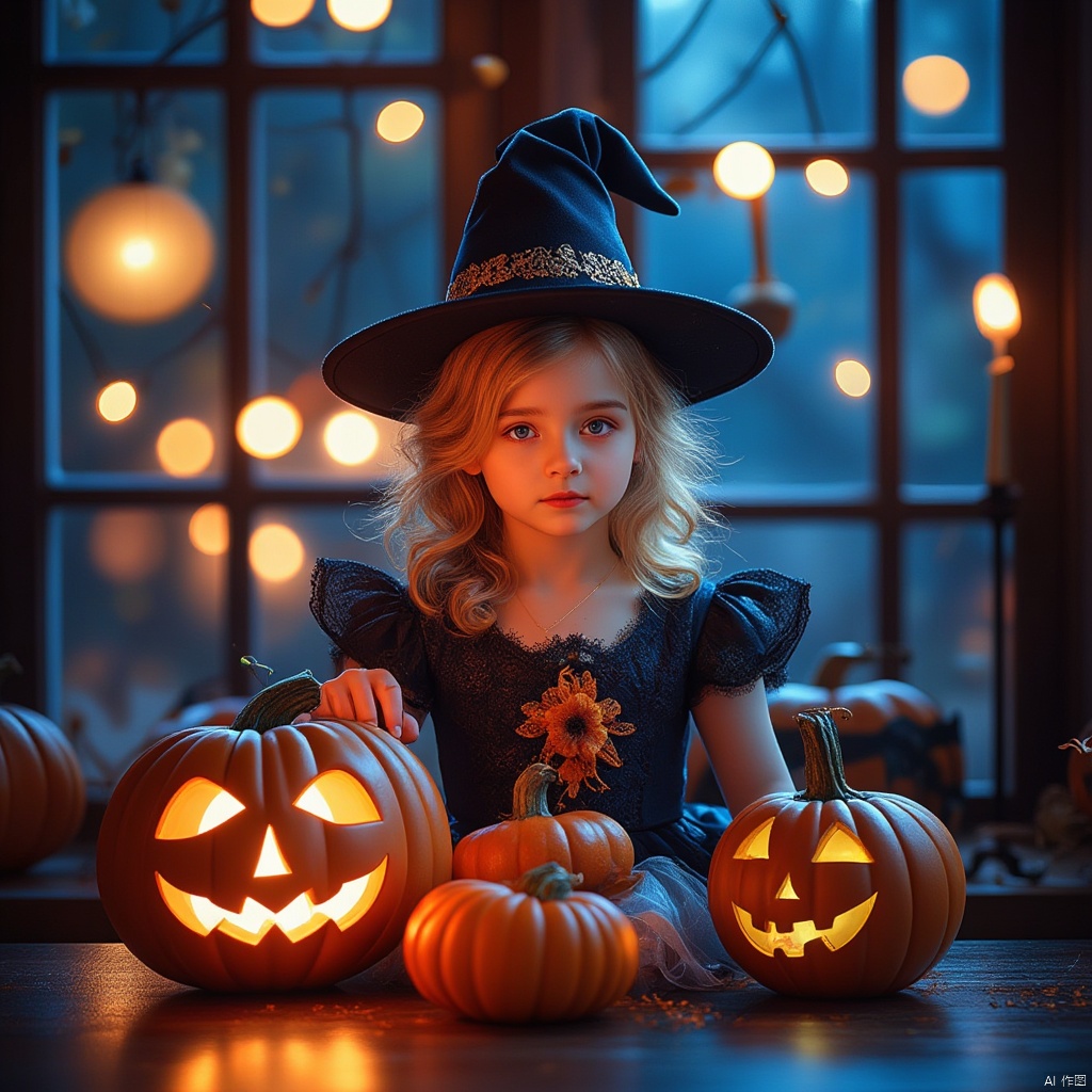 Halloween,1girl,solo,blue eyes,blonde hair,hat,dress,sitting,pointy ears,indoors,window,witch hat,drill hair,realistic,jack-o'-lantern,pumpkin,pumpkin lantern,Felt style,hat_(hat),