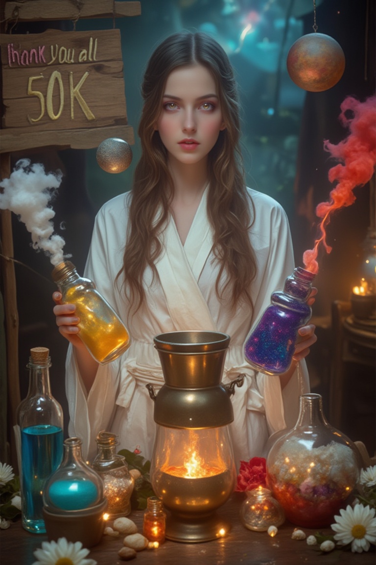 In a surreal style,  a beautiful miko in a white robe in a dark room holds many potions of different colors and pours them...