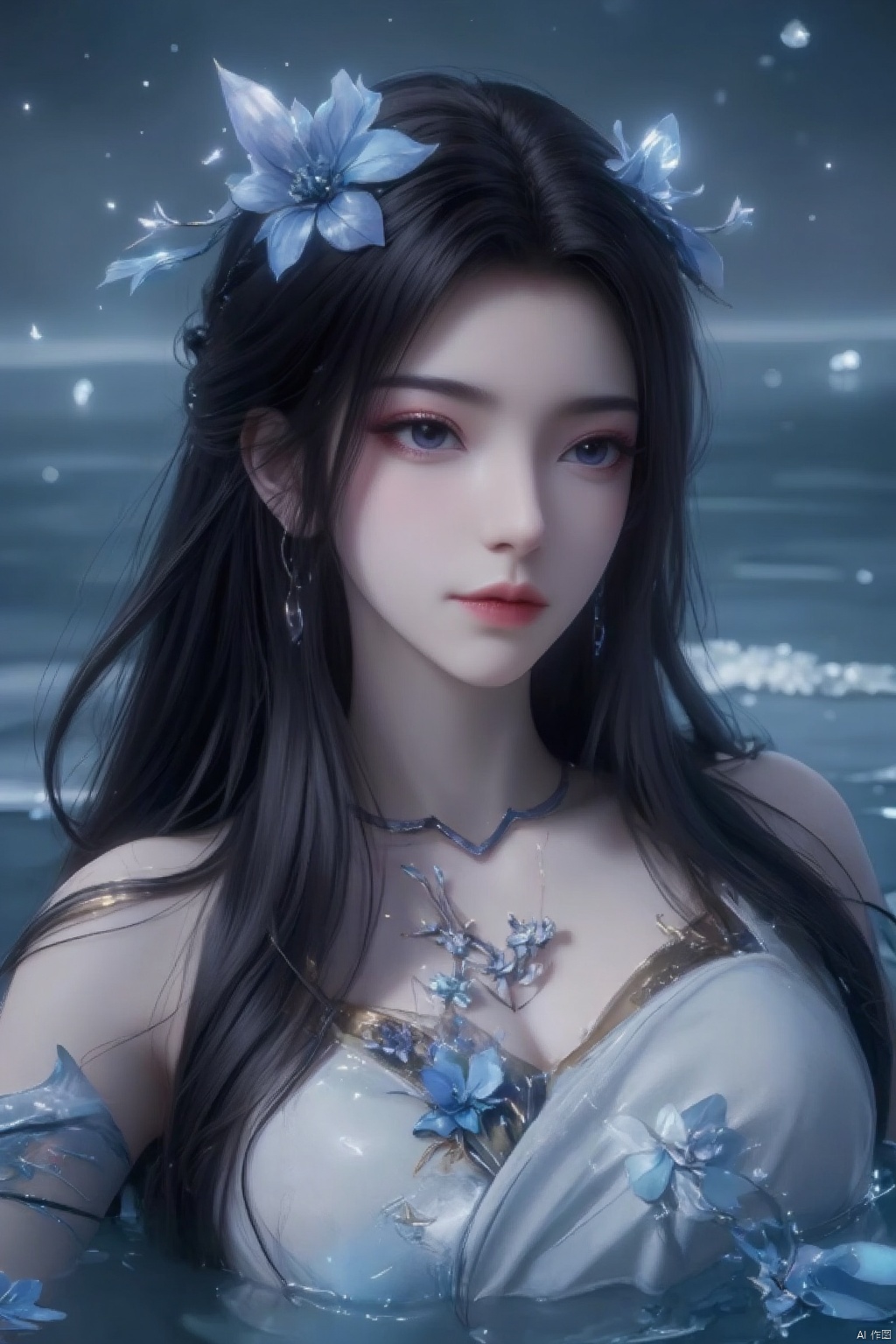 A serene fantasy scene featuring a girl with ethereal black hair,adorned in delicate blue flowers and surrounded by sparkling water droplets.,1girl
