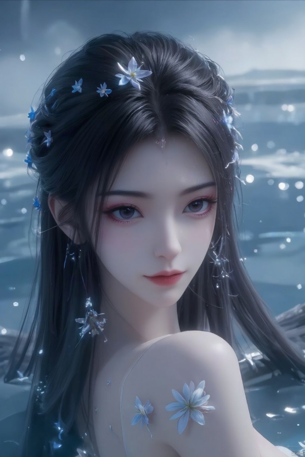 A serene fantasy scene featuring a girl with ethereal black hair,adorned in delicate blue flowers and surrounded by sparkling water droplets.,1girl