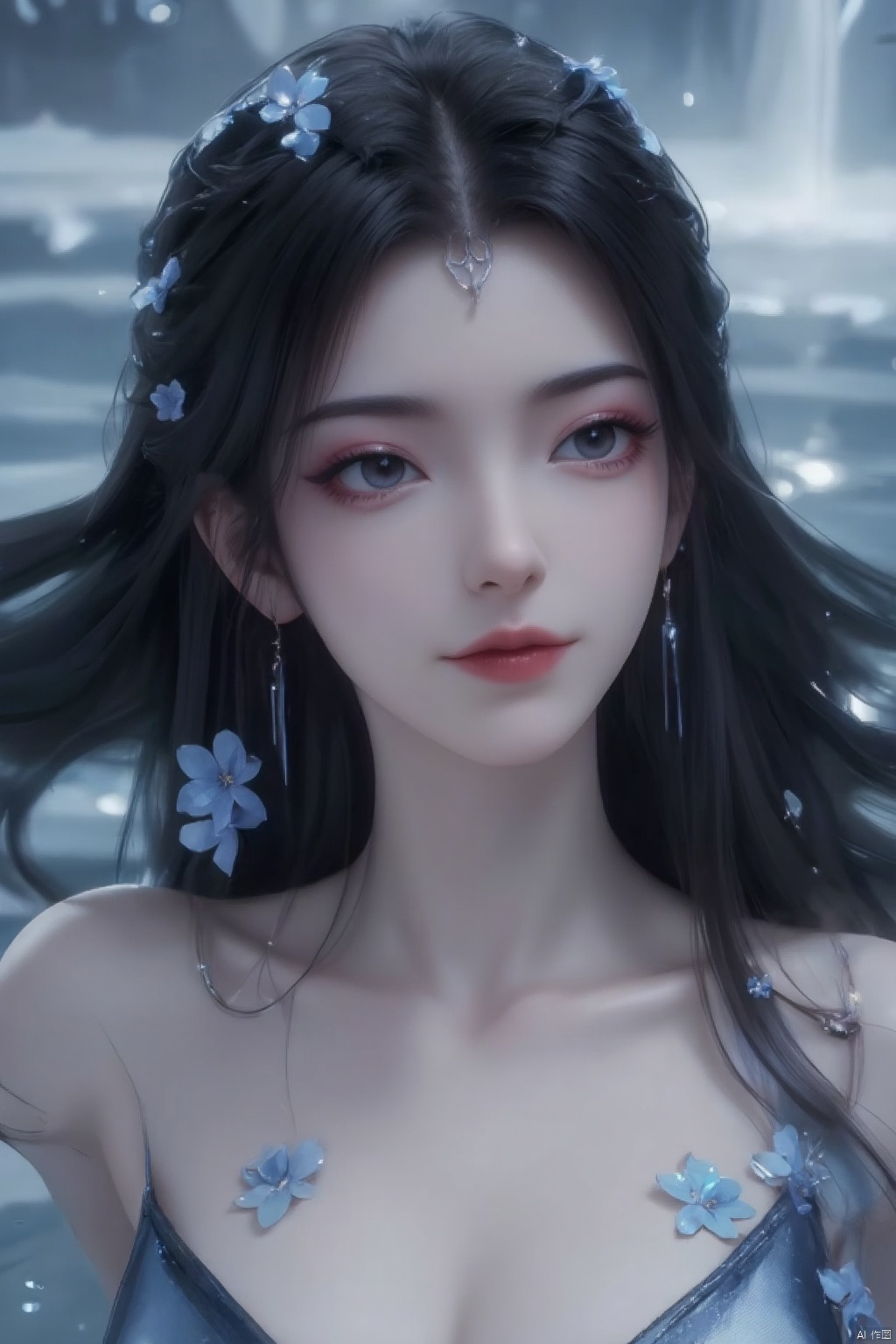 A serene fantasy scene featuring a girl with ethereal black hair,adorned in delicate blue flowers and surrounded by sparkling water droplets.,1girl