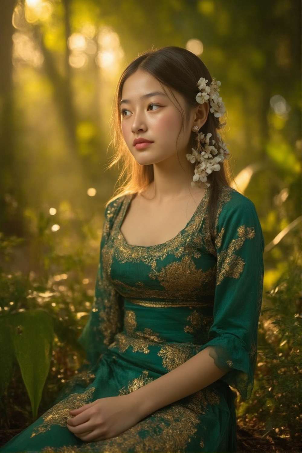 A serene and captivating portrait of a beautiful woman. The subject sits elegantly amidst a lush forest,  adorned in a eme...