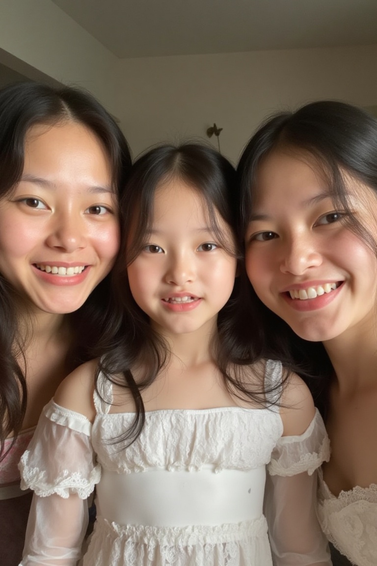 Three-person family photo: a young girl in the center,  flanked by a woman on her left and a young woman on her right,  al...