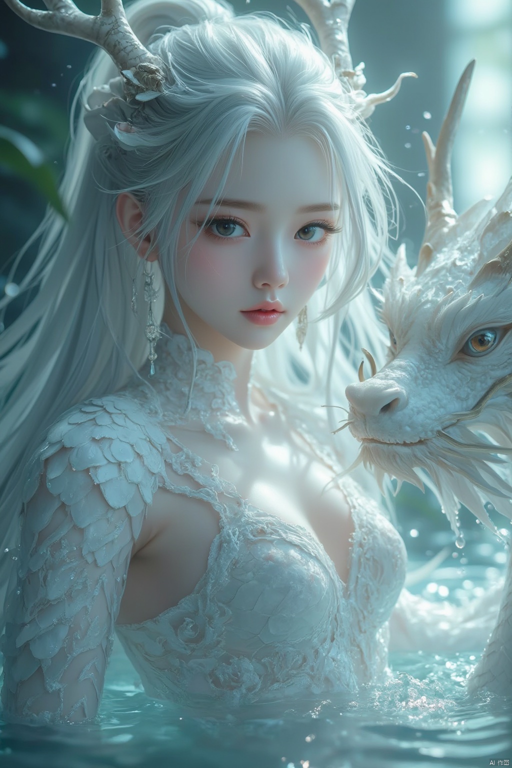 masterpiece, best quality, ultra-detailed, detailed black pupils, skin texture,32k,HD,

 1girl,chinese girl,Dragon,solo,(close-up),glowing particles, Her lower body is in the water.

White scales,detailed scales,Dragon scales,

Scales grow on her body.
Scales and skin blend perfectly.

long silver hair, glowing hair, floating hair, upper body, Scales on the chest, The arms are covered with scales.

beautiful Detail eyes, beautiful detail face, ((antlers)), Water drops on body, (next to a white jade dragon),
 (A splash of water) ,enchanting, delicate and glossy,