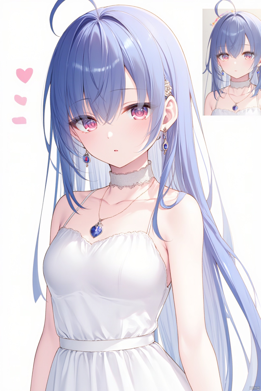 1girl, solo, long hair, looking at viewer, bangs, dress, jewelry, blue hair, earrings, necklace, white dress, reference inset, photo inset