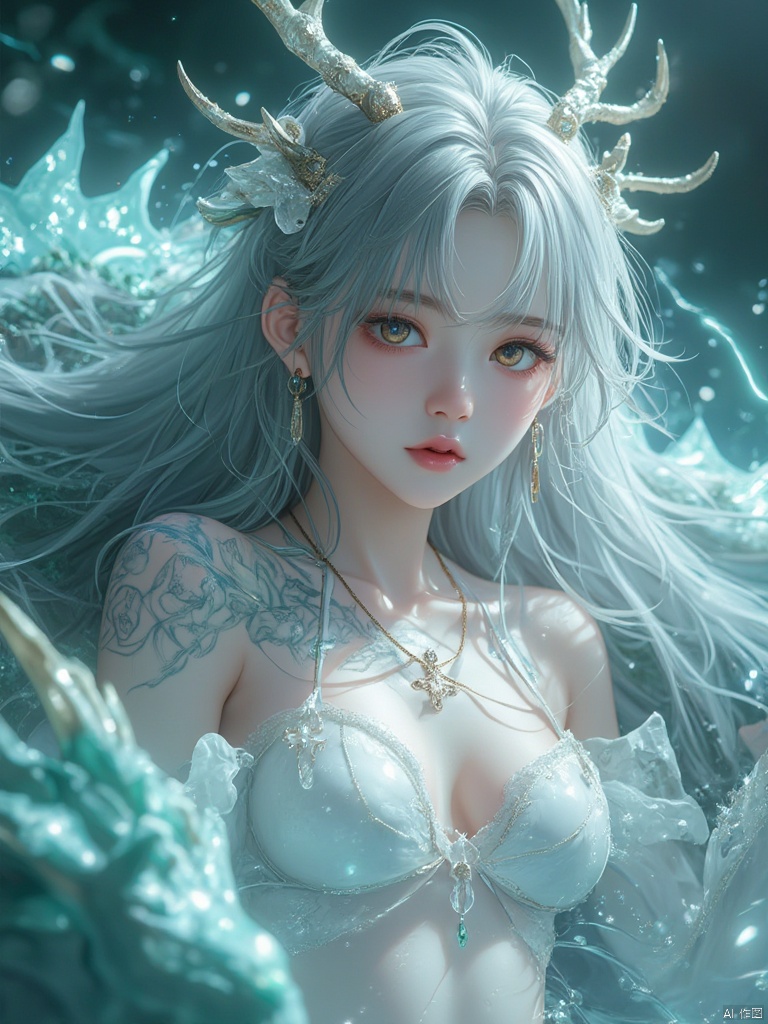 masterpiece, best quality, ultra-detailed, detailed pupils, photography, pale, realistic skin texture, stunning details, masterpiece, best quality, ultra-detailed, detailed pupils, photography, pale, realistic skin texture, 1girl, Simple background, indoor, lying, on back, from front, blush, brown eyes, close-up, Clear background, glowing particles, lightning flashes, messy hair, Dragon, Solo, feminine, ((perfect ketone body)), messy long silver hair, glowing hair, floating hair, different colored pupils, silk top chest, upper body, chest Tattoo, Shoulder Tattoo, beautiful Detail eyes, beautiful detail face, ((antlers)), (transparent water wrapped)), next to a jade dragon, HD, ultra HD, 16K high quality, highest picture quality, masterpiece, master masterpiece, top CG rendering, (wet long hair), messy hair, bright starry wings, delicate features, big ((real eyes)), crystal pupils, (body covered in water stains hot, enchanting), Cream white skin, delicate and glossy, perfect body, (glossy thighs), hot, close up, realistic, real texture, real photos, cinematic, high quality, studio lighting, full body, long legs, good figure, real photos, cinematic, high quality, studio lighting,HD, 32k, best quality, 8k, super clean,xihua