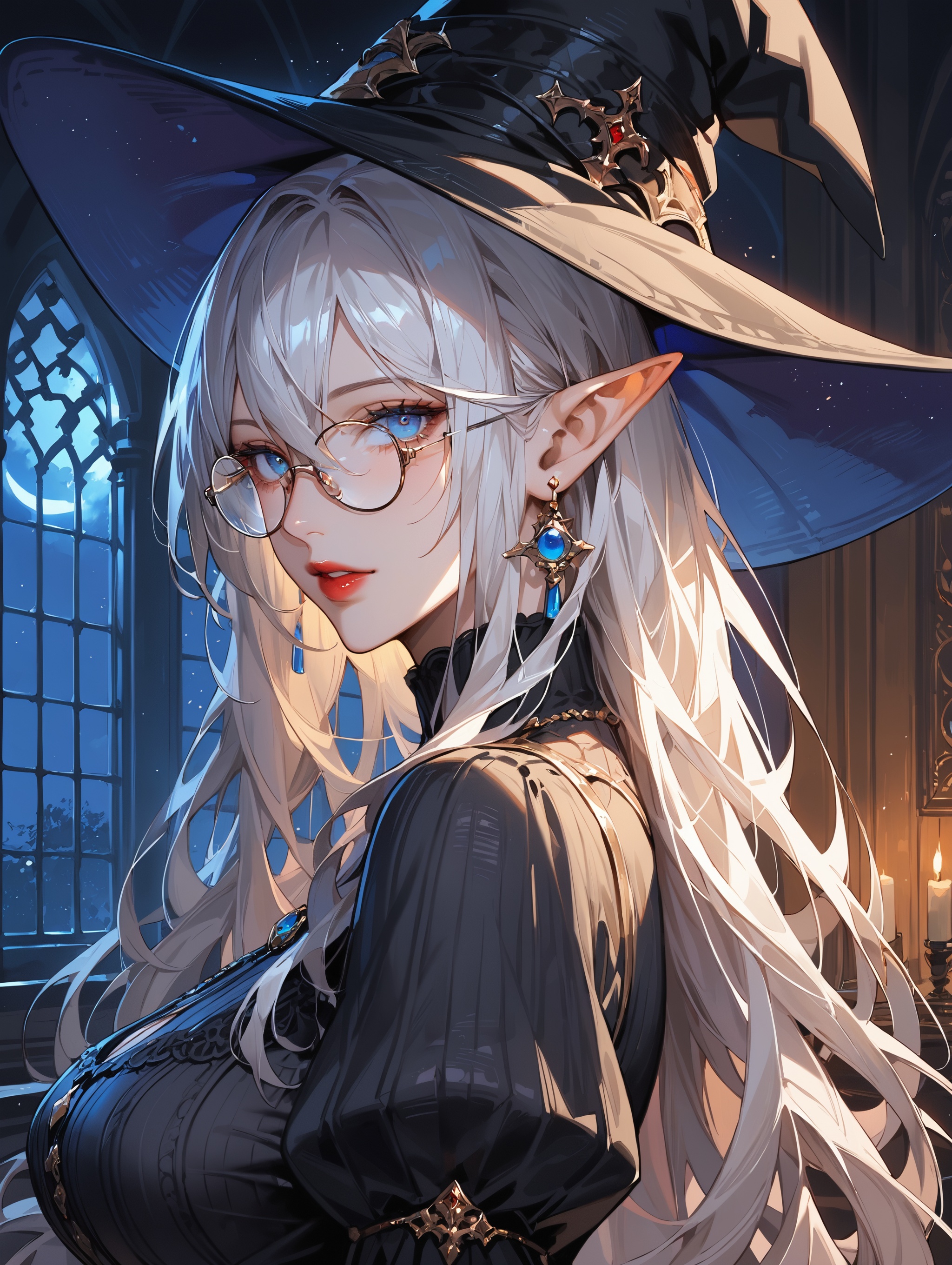 score_9, score_8_up, score_7_up, source_anime, detailed illustration, 8K UHD, fantasy themed, ((night, night sky)), window, from side, 1girl, solo, long hair, looking at viewer, bangs, blue eyes, large breasts, long sleeves, hair between eyes, red lips, jewelry, upper body, white hair, earrings, parted lips, glasses, pointy ears, puffy sleeves, black dress, black headwear, witch hat, juliet sleeves, round eyewear, ((very dark room:1.2)), indoors
