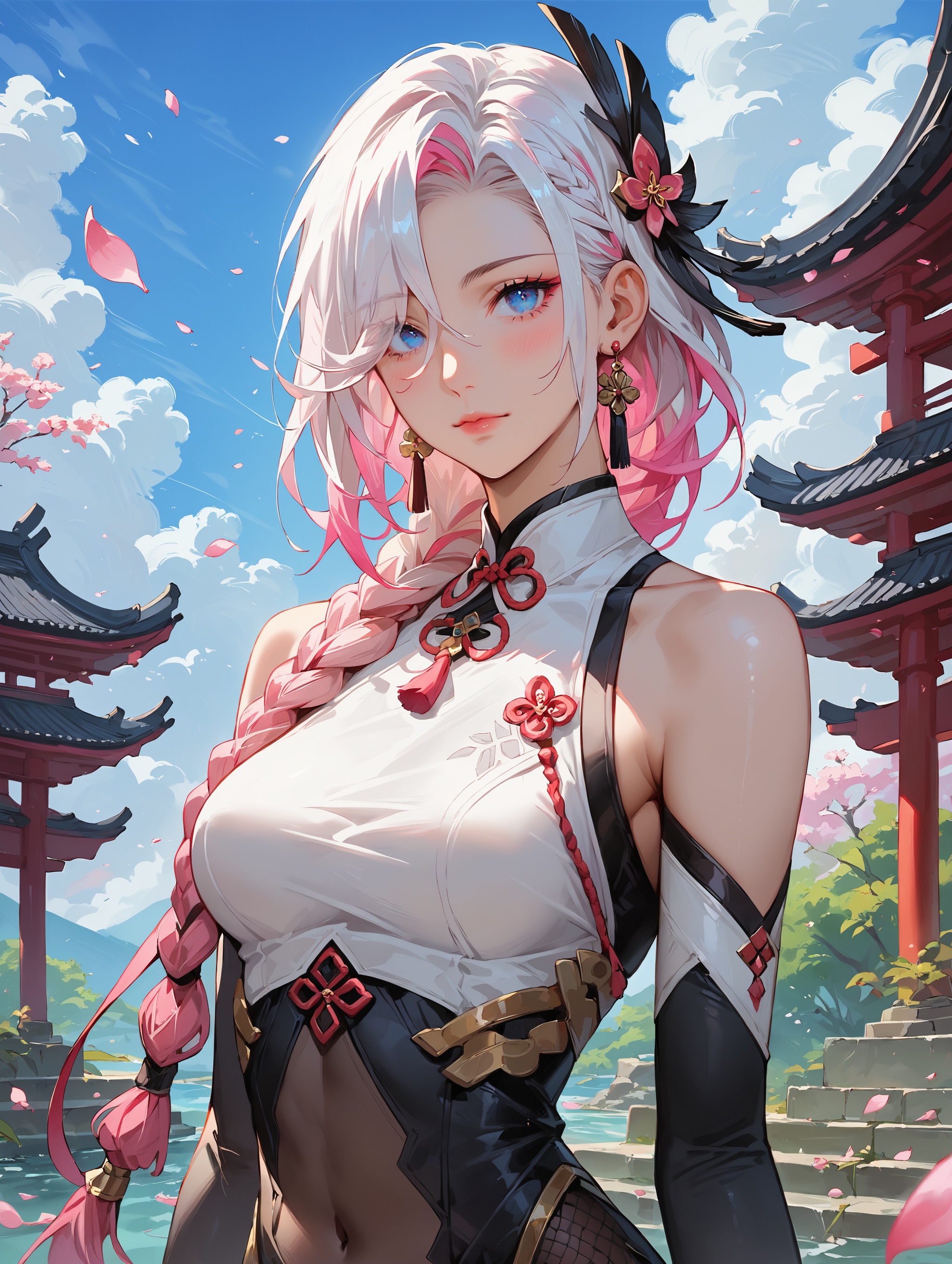 score_9, score_8_up, score_7_up, masterpiece, best quality, absurdres, very aesthetic, source_anime, detailed illustration, 8K UHD, upper body, 1girl, solo, long hair, looking at viewer, blush, bangs, blue eyes, medium breasts, hair ornament, closed mouth, ((pink hair and white hair, multicolored hair)), hair over one eye, bare shoulders, white dress, jewelry, standing, flower, earrings, black gloves, elbow gloves, petals, covered navel, single braided ponytail, partially fingerless gloves, black bodysuit, outdoors, sky, day, east asian architecture, tassel earrings

