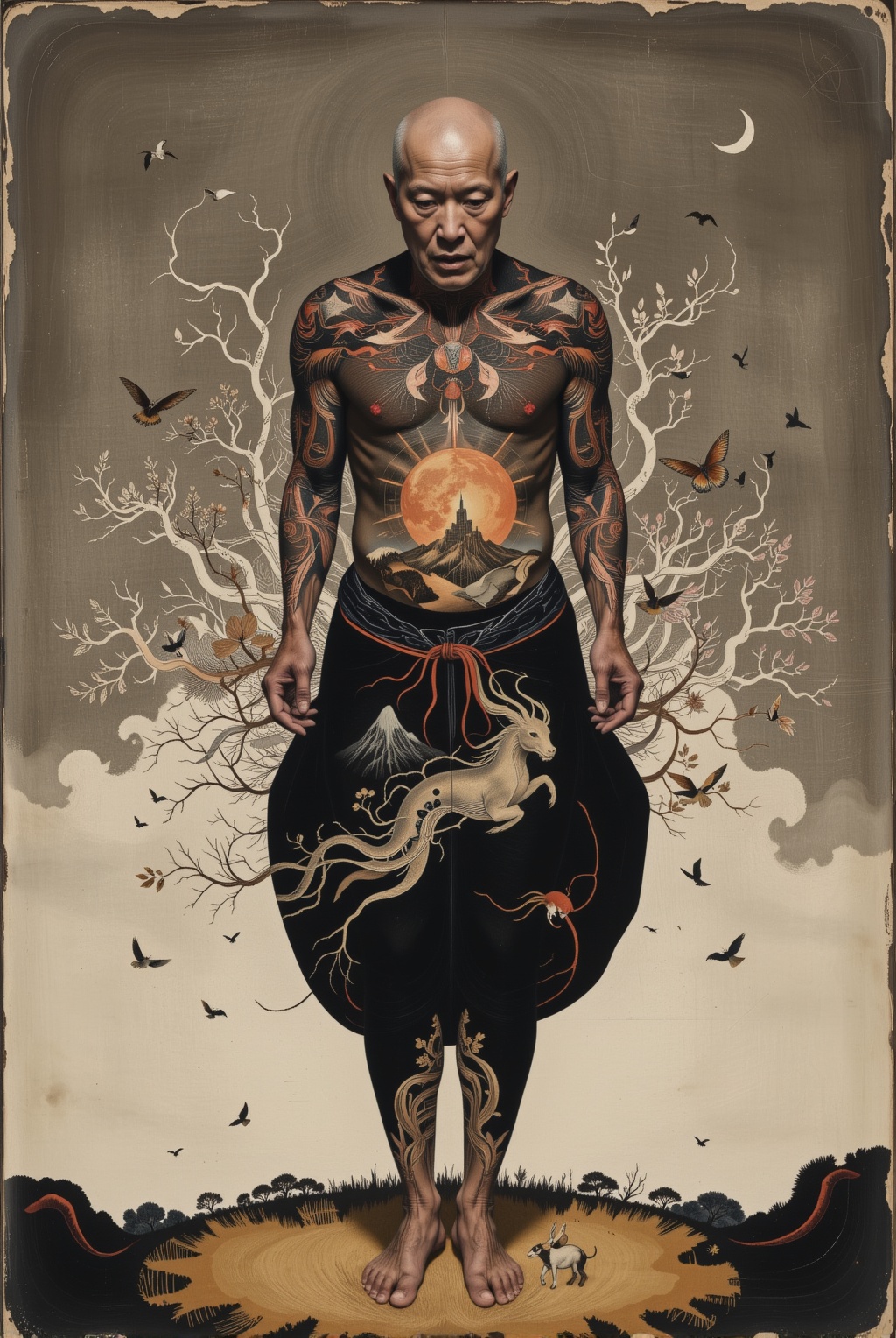 1 old man ,  translucent body revealing inner world,  silhouette with visible landscape on Tensor.Art