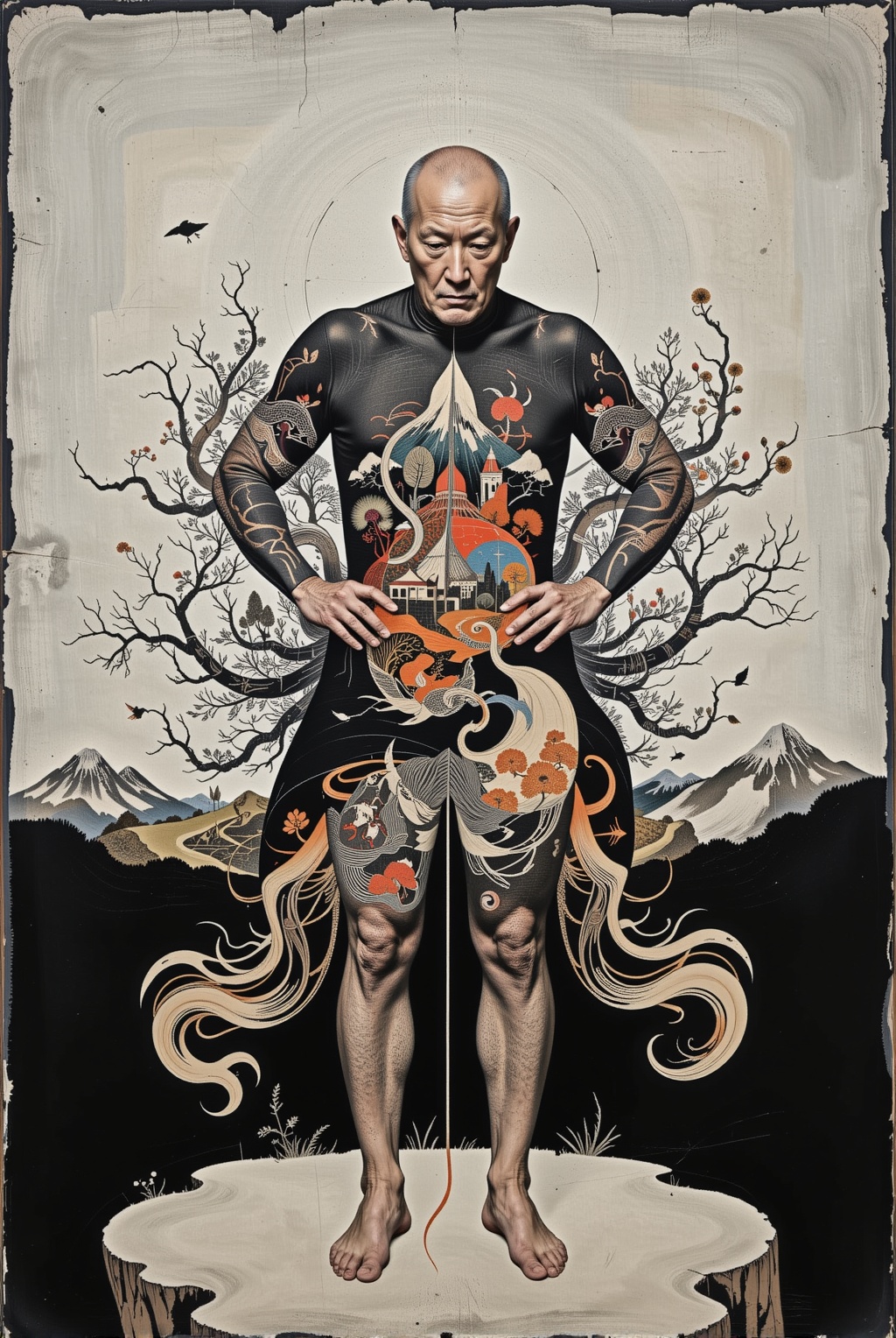 1 old man ,  translucent body revealing inner world,  silhouette with visible landscape on Tensor.Art