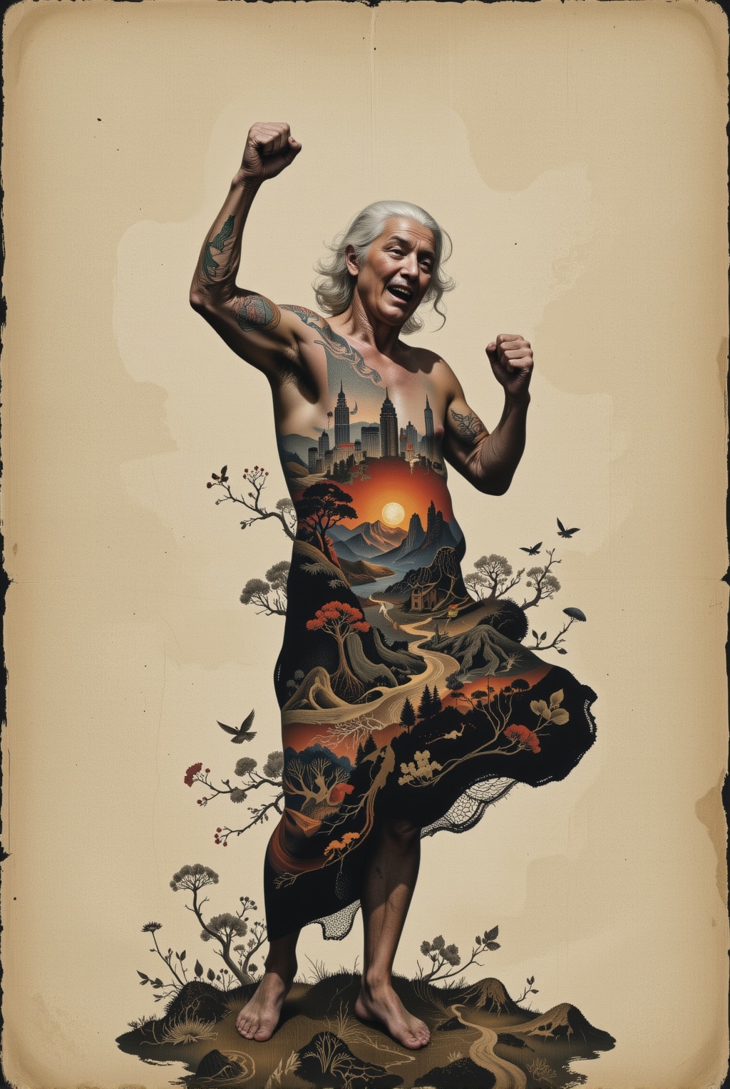 1 old man ,  translucent body revealing inner world,  silhouette with visible landscape on Tensor.Art