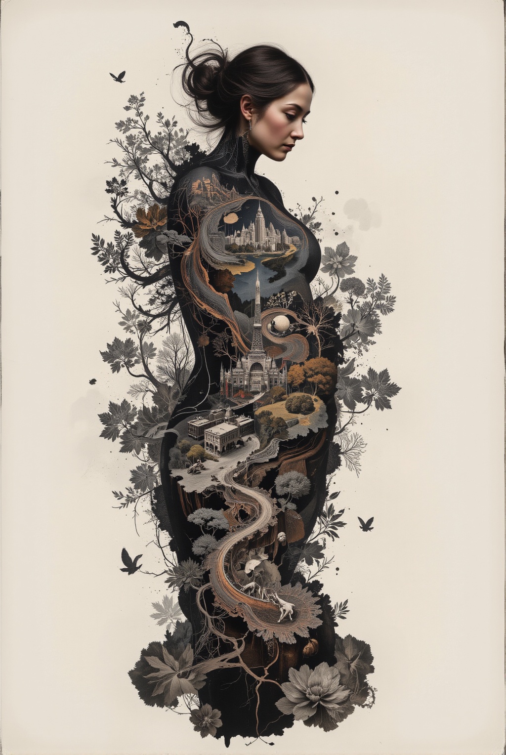 1 beautiful girl ,  translucent body revealing inner world,  silhouette with visible landscape on Tensor.Art