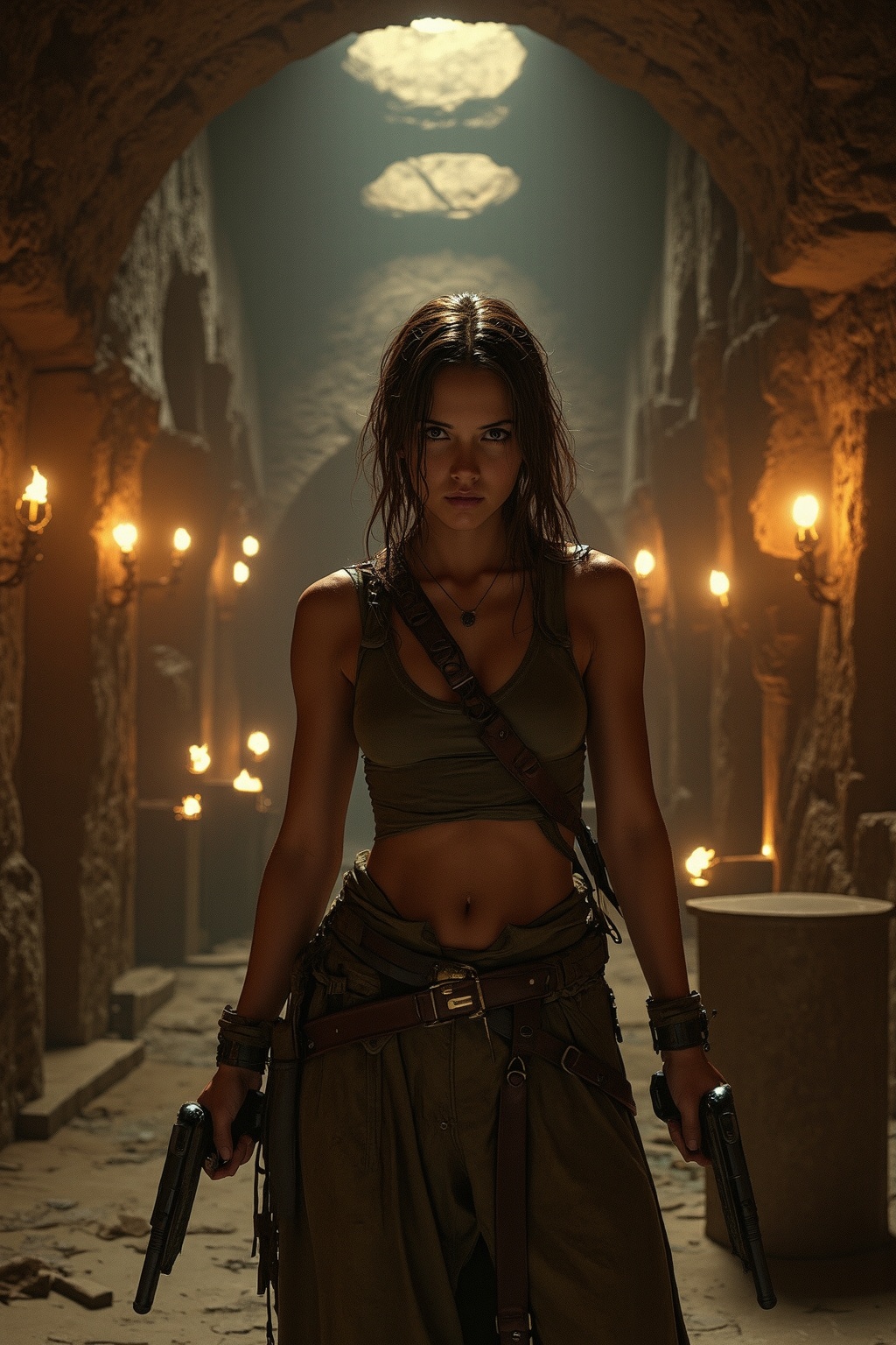 Lara Croft, iconic adventurer, poses confidently in a dimly lit, ancient temple chamber. Soft, warm glow emanates from torches mounted on stone walls, casting dramatic shadows on her determined face. Her rugged attire and trusty dual pistols are highlighted by the soft light, while the mysterious artifacts surrounding her create an air of intrigue.