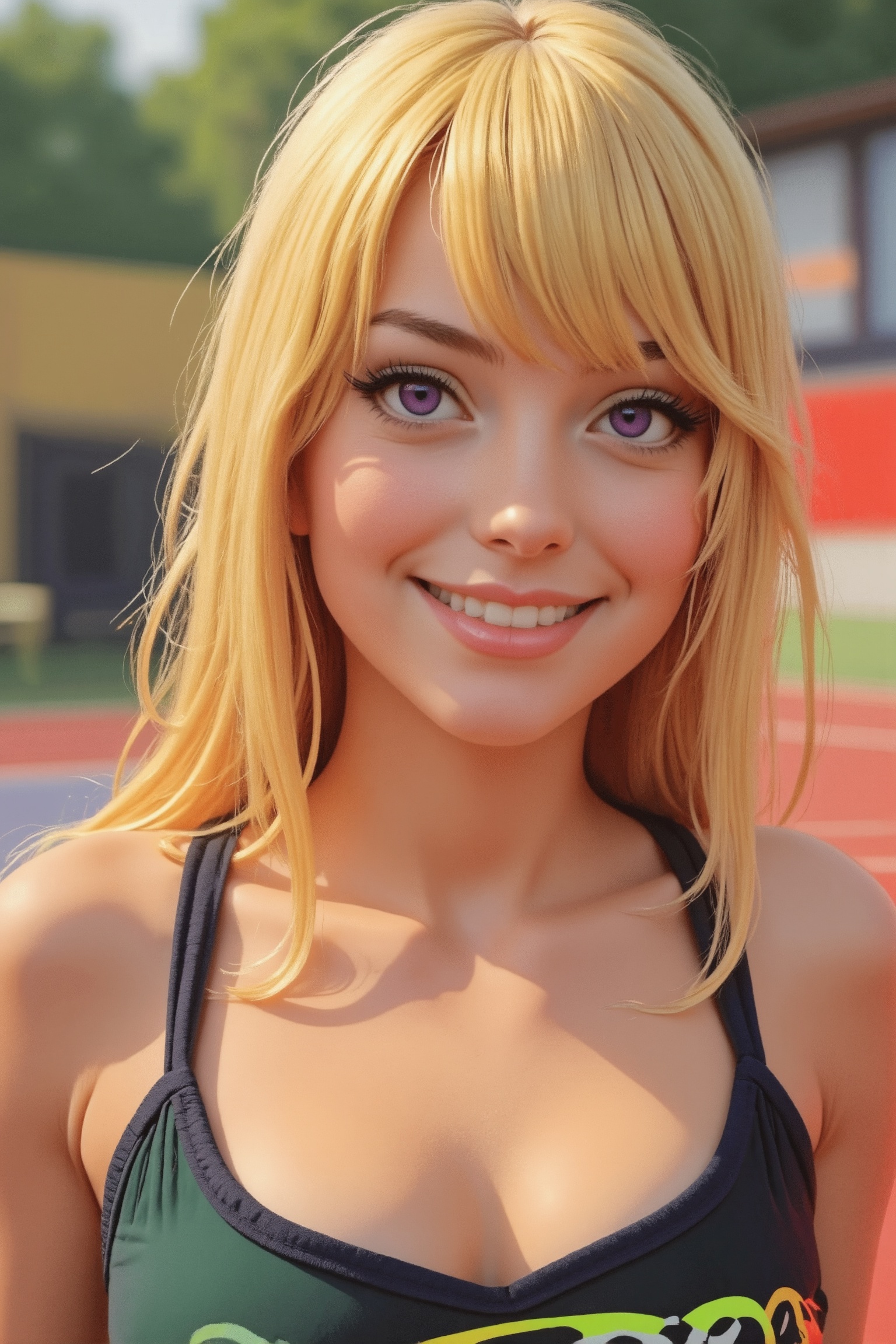 Masterpiece, best quality, 1girl, solo, ****, quarter Japanese, blonde hair, long hair, purple eyes, side parted bangs, short bangs, smile, medium breasts, sports bra, buruma, outdoors, track and field, smug