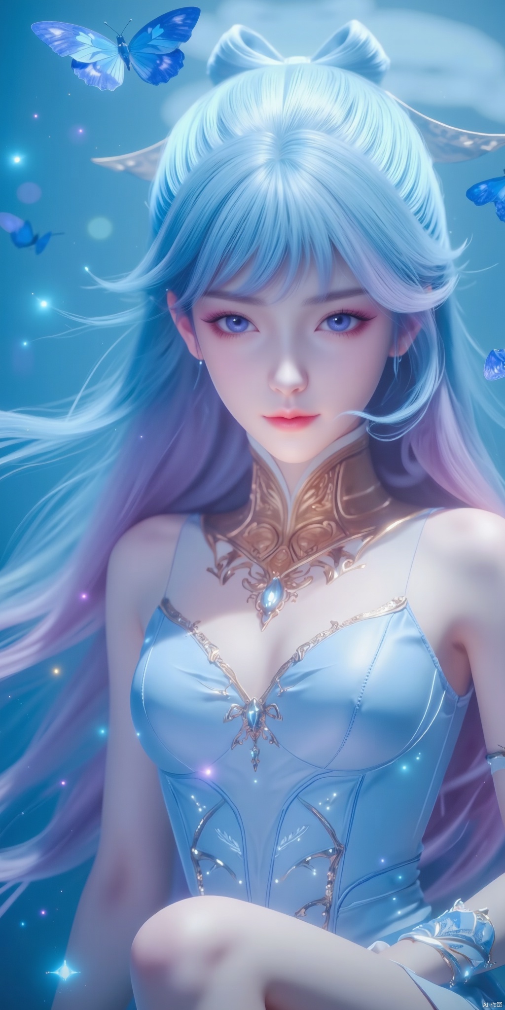 1 girl, solo, long hair, pink blue gradual change long hair, black eyes, dress, butterfly, bow, bare shoulders, jewelry, closed mouth, collarbone, wisteria, long slender legs, beautiful legs, white crystal shoes, earrings, necklace, sitting, sea life, dolphin, blue butterfly, gem, blue dress, dolphin,