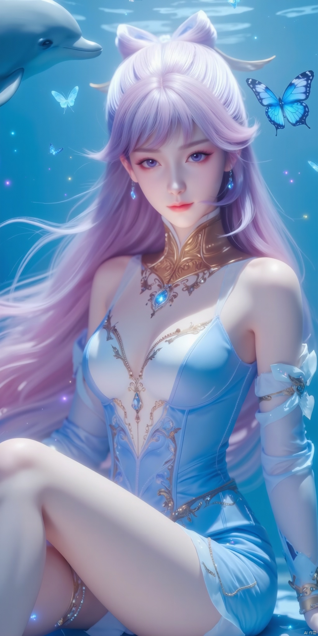 1 girl, solo, long hair, pink blue gradual change long hair, black eyes, dress, butterfly, bow, bare shoulders, jewelry, closed mouth, collarbone, wisteria, long slender legs, beautiful legs, white crystal shoes, earrings, necklace, sitting, sea life, dolphin, blue butterfly, gem, blue dress, dolphin,