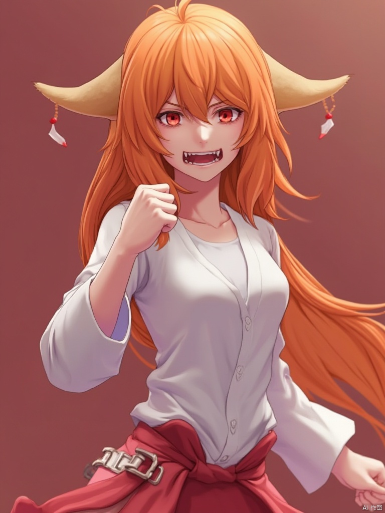 Ultra high definition image quality, OC renderer, 3D anime style, 1 girl, side facing the audience, angry expression, red eyes, tiger teeth, fist, white shirt, knotted clothes, shorts, solid color background, depth of field