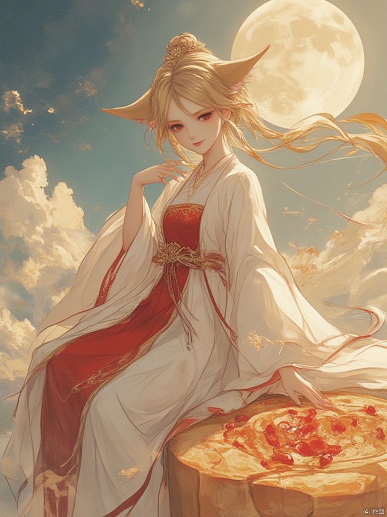 Ultra-clear image quality, 8K, Chinese animation style, OC renderer, 1 girl, smiling, red eyes, small tiger teeth, sitting on the huge mooncake platform, leaning to one side, with one hand on the mooncake, The red tube top and the white open robe are fluttering in the wind, creating a sense of relaxation and relaxation. The light shines from the side and above, providing excellent light and shadow effects, atmosphere, panorama, and depth of field.