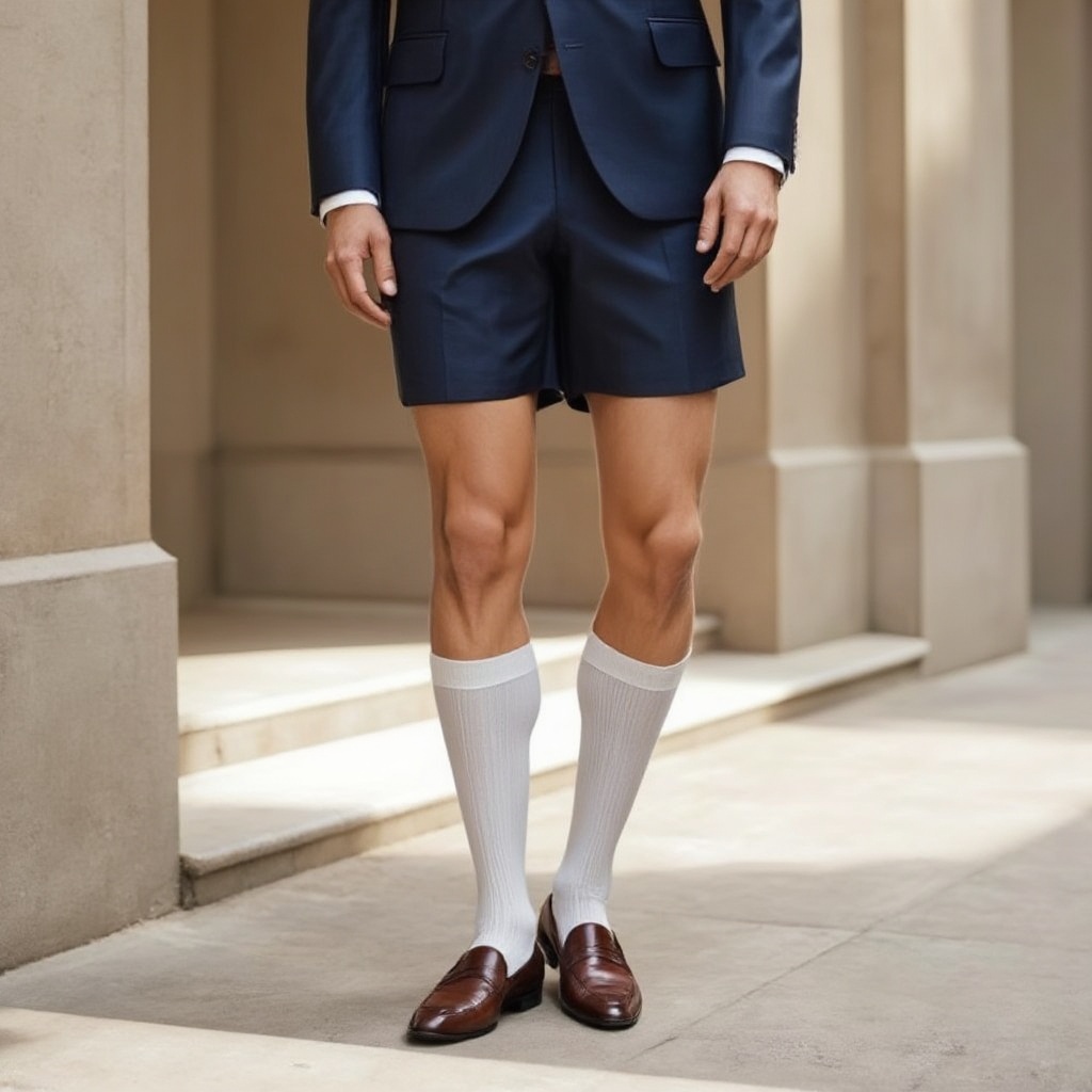 suit guy in bermuda shorts and otc socks,  wearing tassel loafers on Tensor.Art