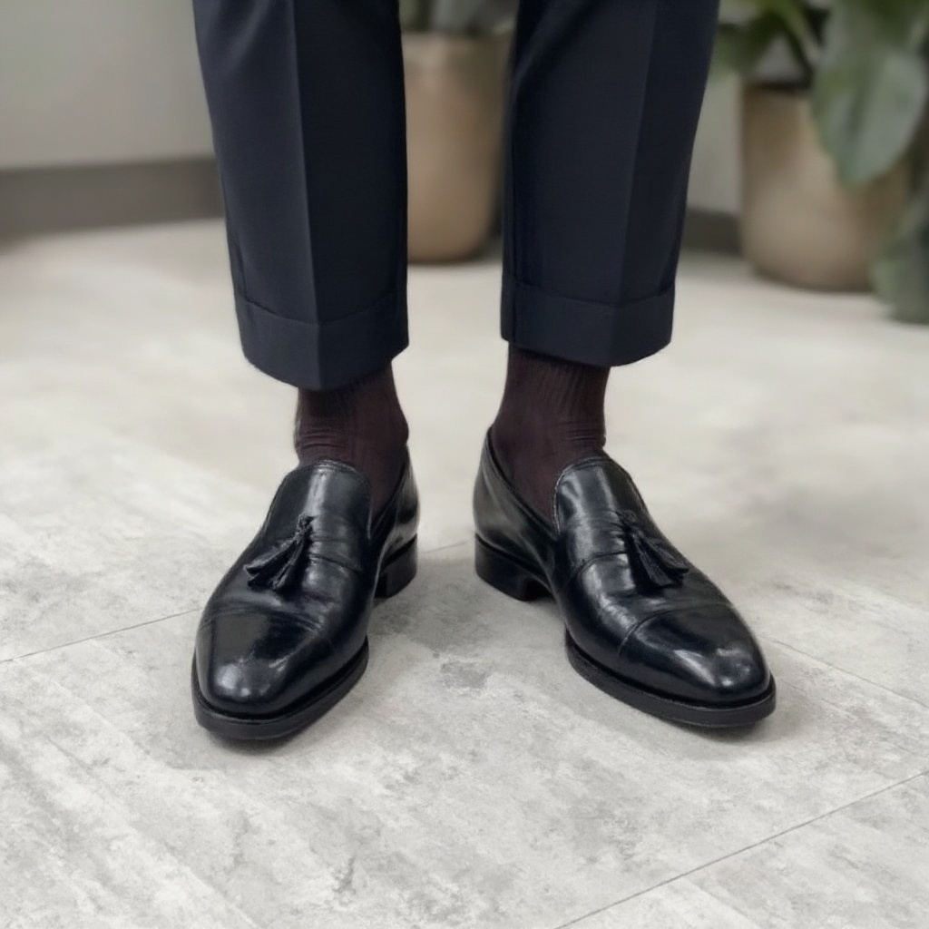 suit guy in otc socks wearing tassel loafers on Tensor.Art