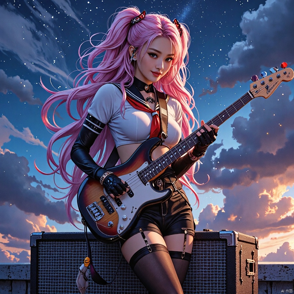 full body, full length shot,full body,standing,,(1lady playing bass guitar:1.4),,beautiful eyes,multicolor long hair,,sailor fuku,big breast,elbow gloves,,smile,lovestruck,earphone,thighboots,,on roof, starry sky,,speaker,amplifier  ,fantasy anime standing painting style,