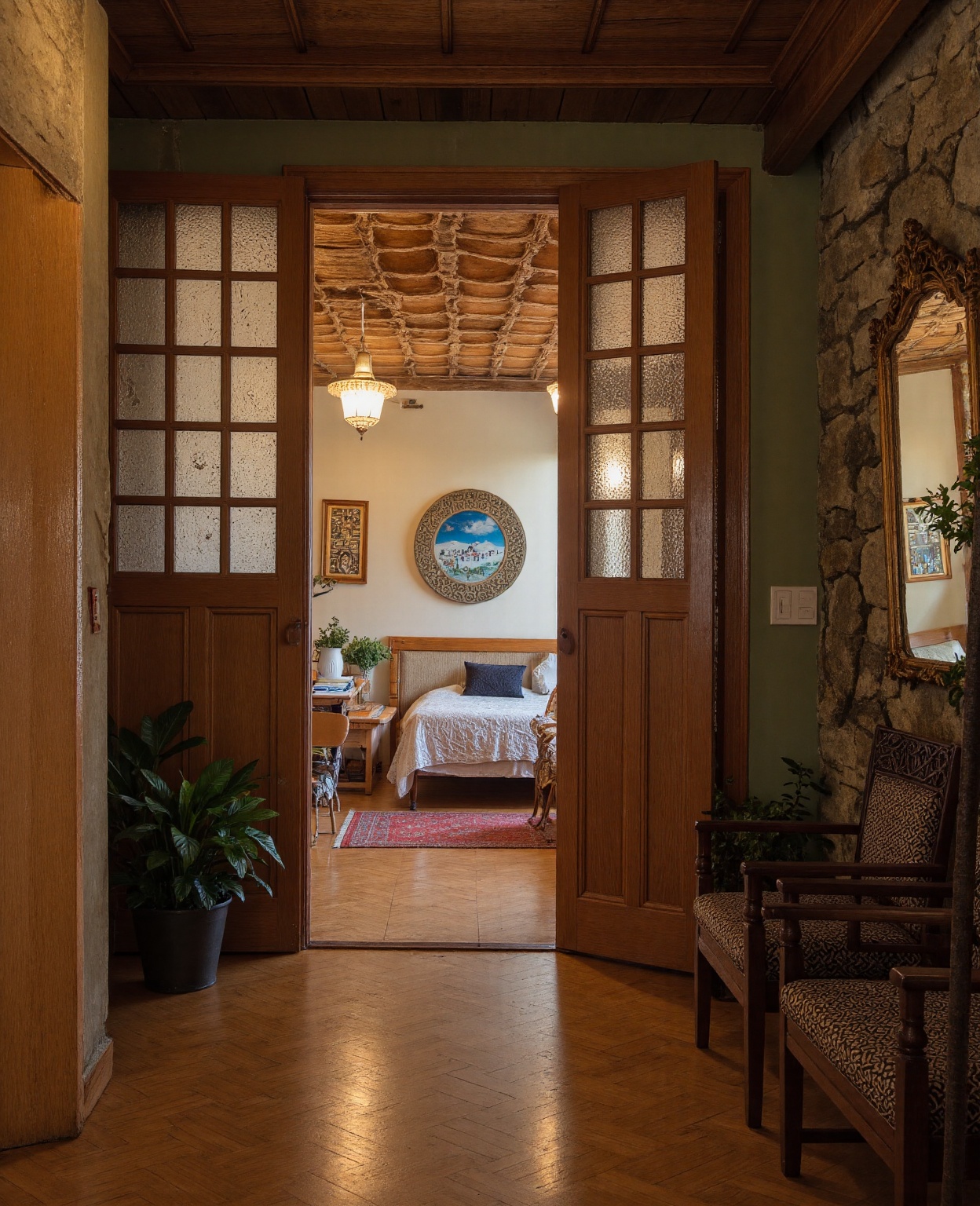 (Chinese interior, , realistic documentary photography, showing history,)bedroom, front of perspective, fan detail, jun porcelain hand fan, parquet floor, calm elegance, auspicious cloud mural,