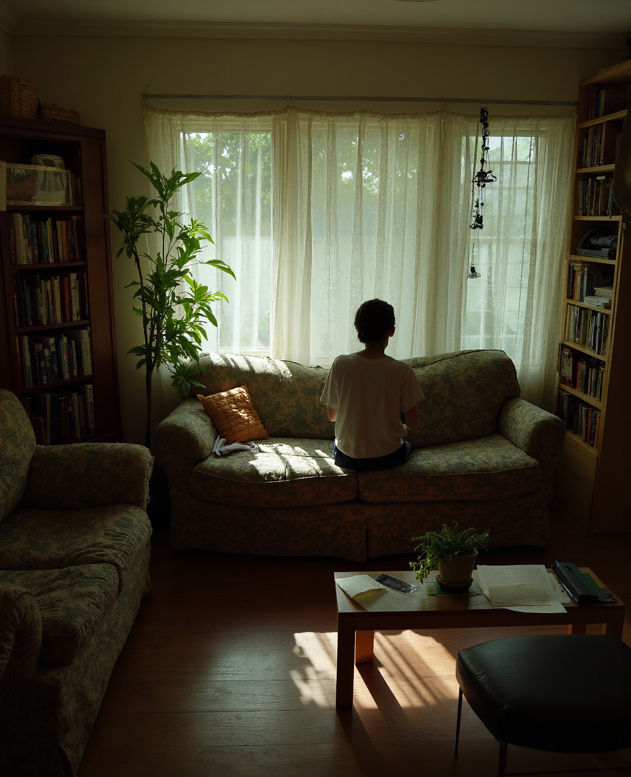 living room, couch, window, curtains, dappled sunlight, potted plant, table, cabinet,bookshelf, paper, desk lamp, typewriter, girl sitting on sofa