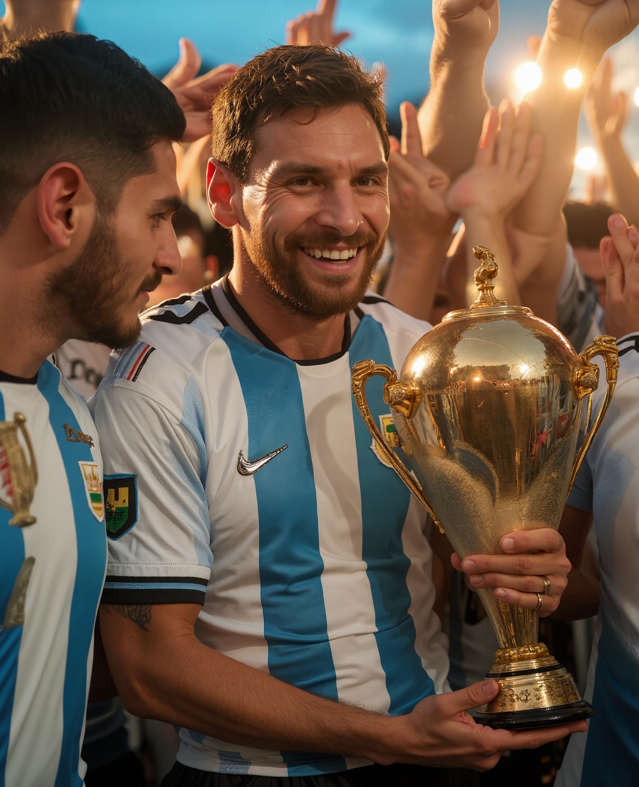 A triumphant moment! A close-up shot of Lionel Messi's beaming face,  framed by the gleaming trophy and his teammates' out...
