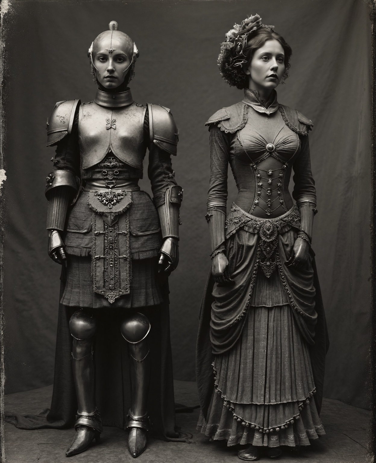 there is a robot and a woman dressed in costumes side by side,  victorian science fiction inspired,  hugh kretschmer on Te...