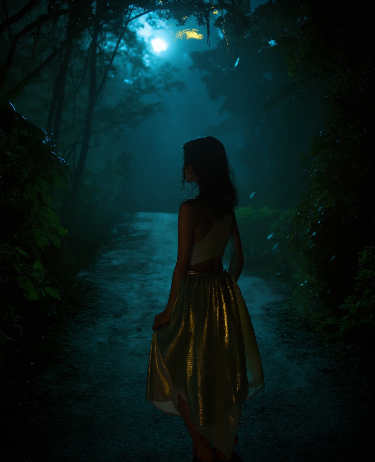 A mystical scene unfolds: a lone girl stands at the edge of a dense jungle,  where vines and leaves seem to writhe like sn...