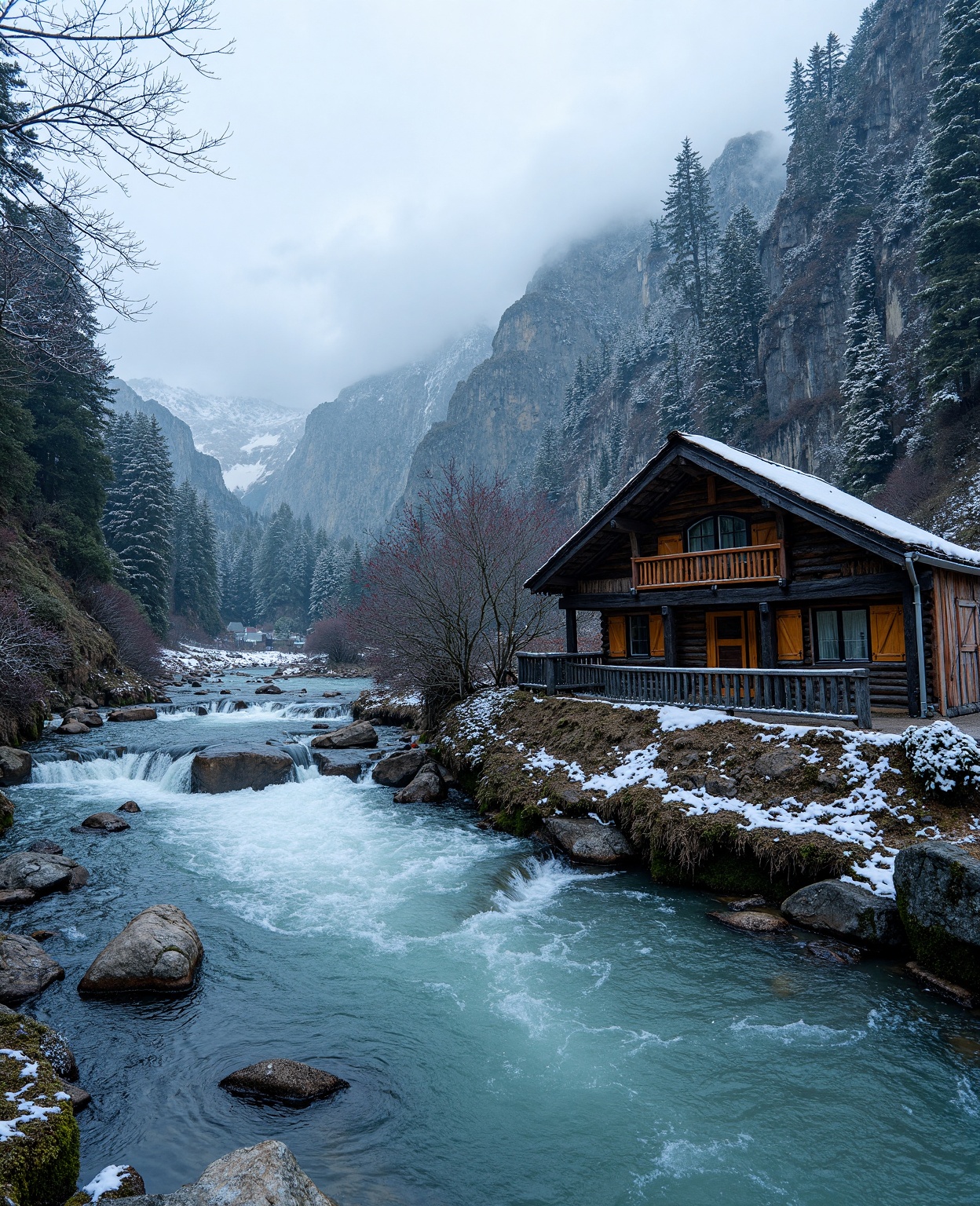 house in a mountain,  river big,  rocks with snow on Tensor.Art