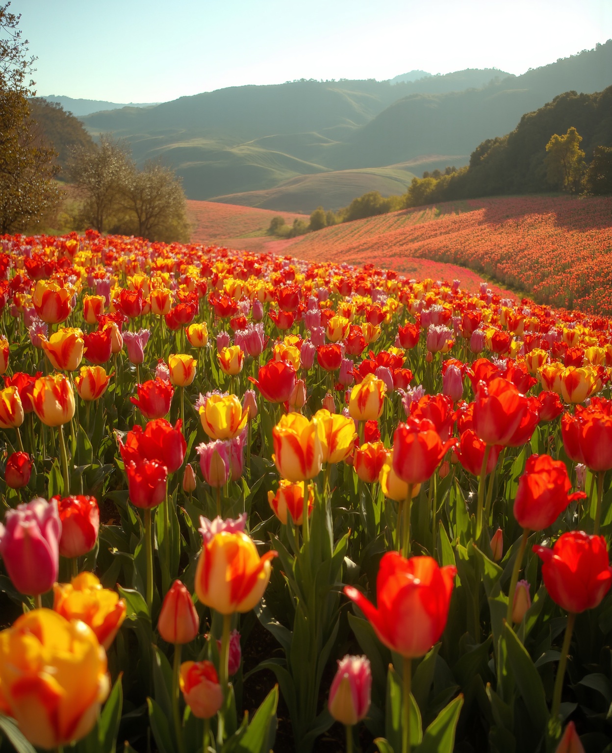 A beautiful field of colorful tulips in full bloom,  vibrant petals,  lush green foliage on Tensor.Art
