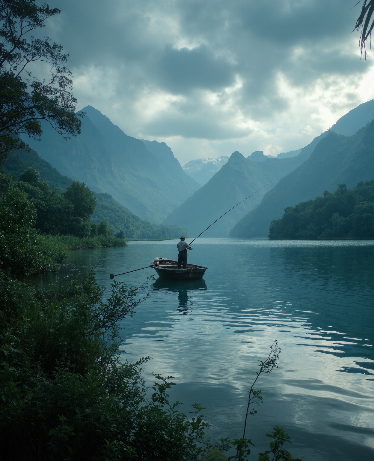 a fisherman fishing in a tranquil lake,  intricate details,  beautiful scenery on Tensor.Art