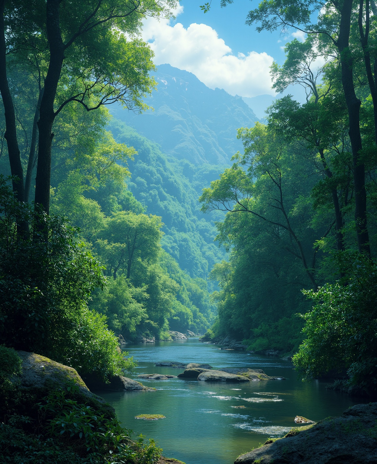 painting of a stream running through a lush green forest filled with trees,  detailed painting 4 k,  mountains river trees...