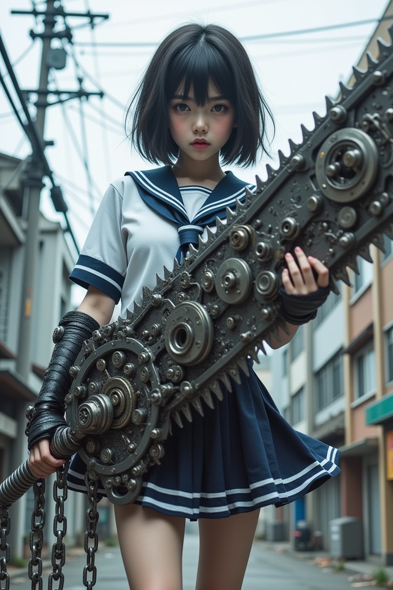 A commanding Japanese girl in a sailor school uniform miniskirt stands in a dystopian urban setting,  wielding a massive,...