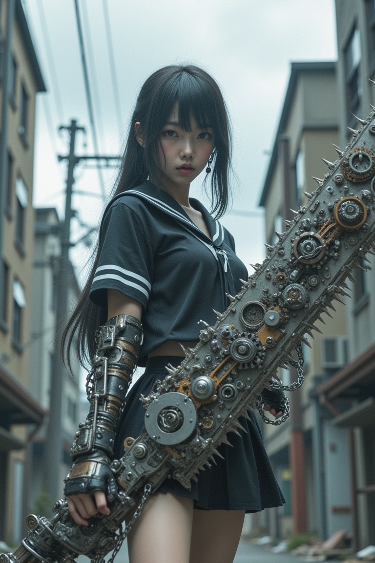 A commanding Japanese girl in a sailor school uniform miniskirt stands in a dystopian urban setting,  wielding a massive,...