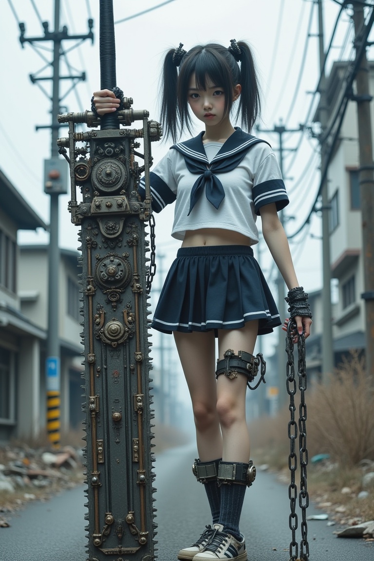A commanding Japanese girl in a sailor school uniform miniskirt stands in a dystopian urban setting,  wielding a massive,...