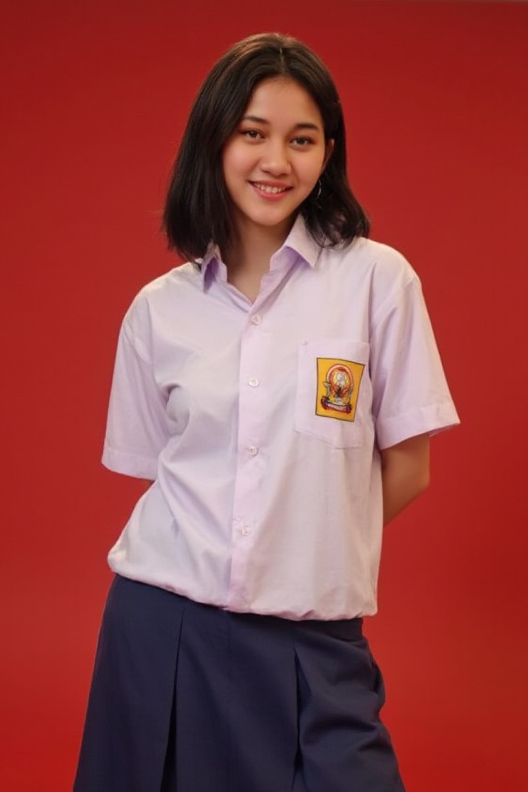 smp_uniform,  A medium full shot of realistic nik3,  a woman wearing white collared button-down shirt adorned with a smp_l...