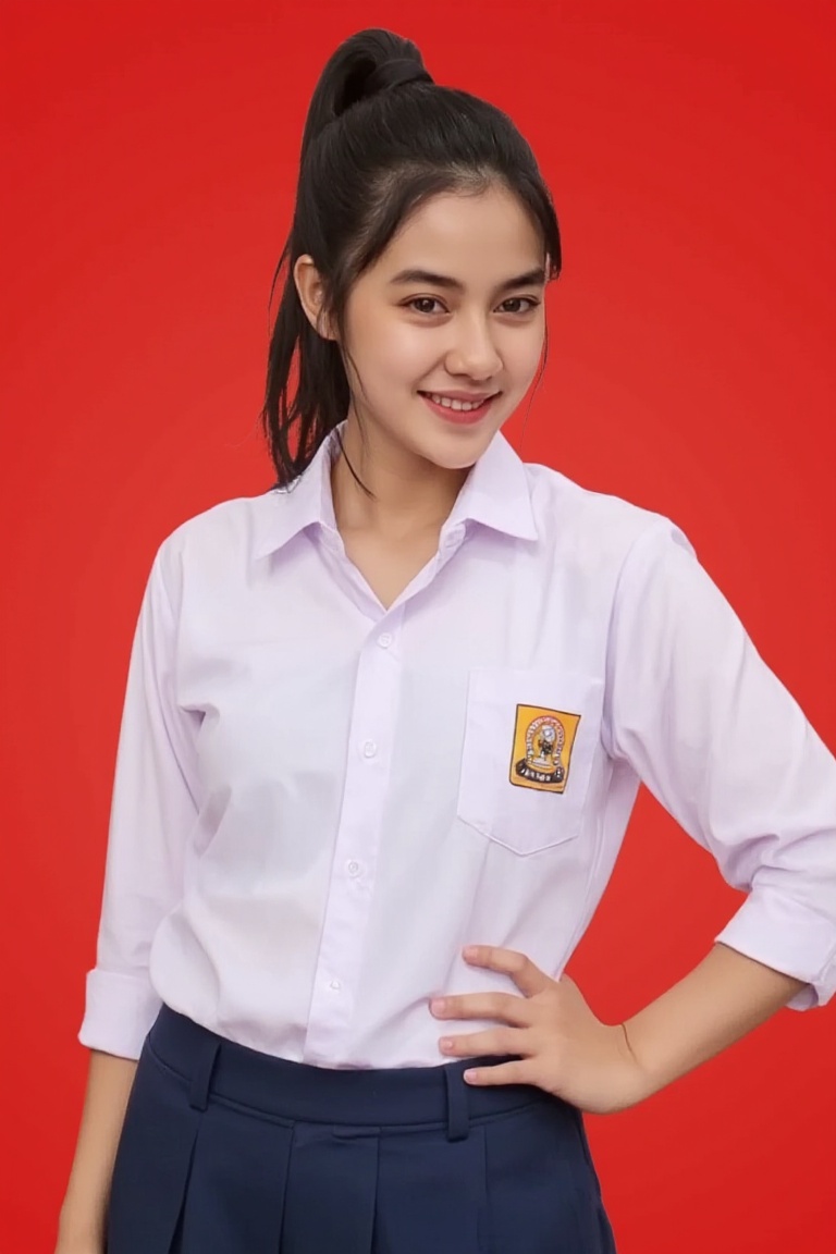 smp_uniform,  A medium full shot of realistic awaw4,  a woman wearing white collared button-down shirt adorned with a smp_...