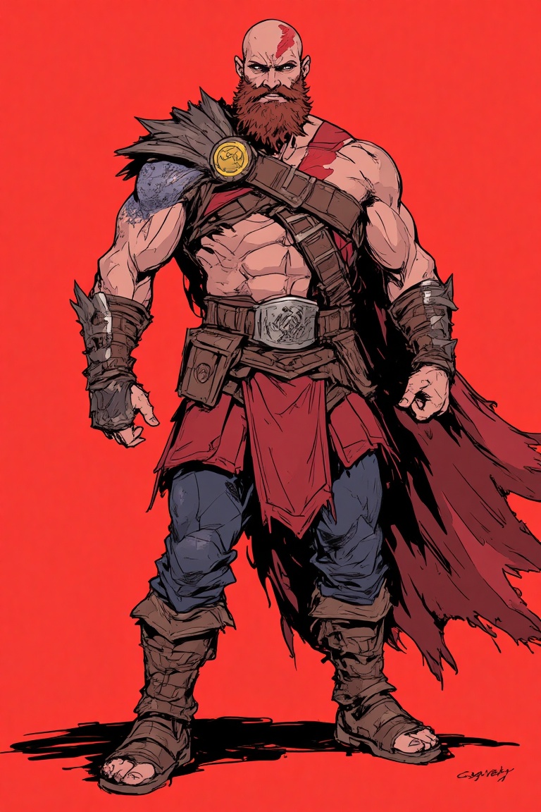 sref_18159788,  cartoon drawing of kratos god of war. fullbody,  confident pose. The background is a ligh red. on Tensor.Art