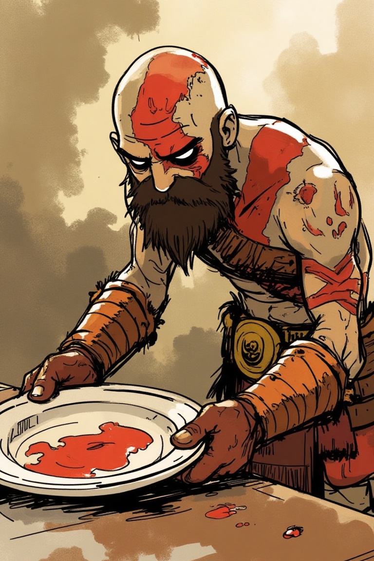 cartoon drawing of kratos god of war wash dirty plate. fullbody. The background at kitchen. on Tensor.Art