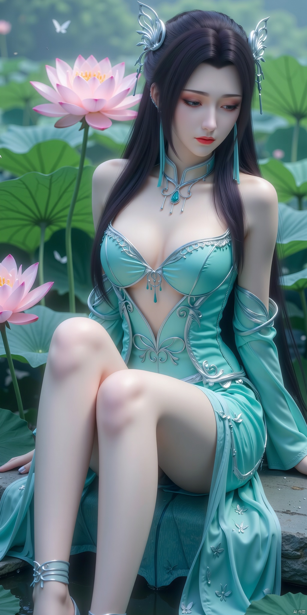 1 girl, full body, solo, long hair, long black hair, long flowing hair, cyan dress, butterfly, lotus, jewelry, closed mouth, smile, charming smile, long black hair, pink lotus, green lotus, lotus leaf, earrings, necklace, gemstone, beautiful legs, long slender legs, sitting on lotus, breast, collarbone, lotus background, pink lotus, green lotus, lotus leaf.
