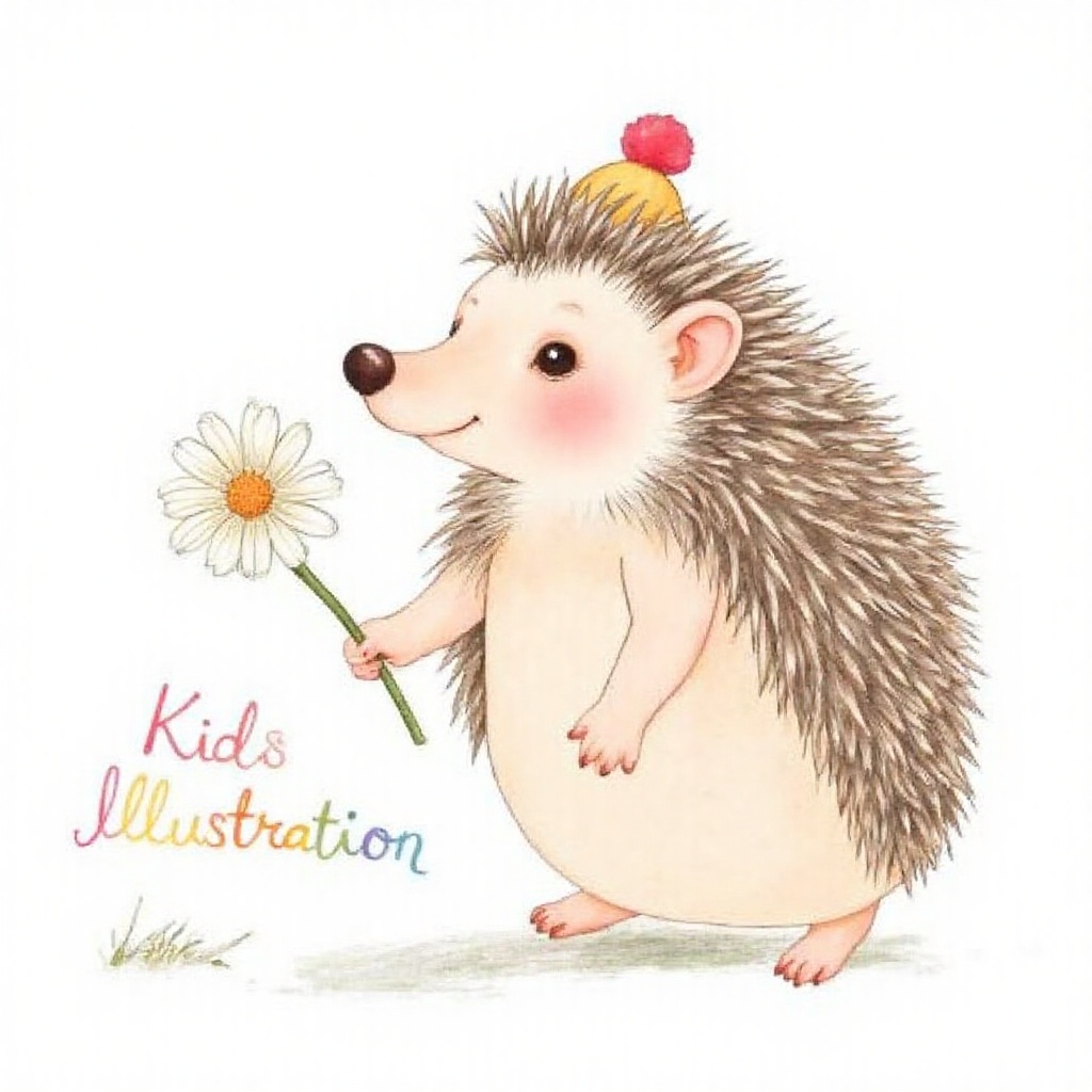 colorful handwritten text "Kids Illustration" in the bottom ,  high quality kids illustration of a cute tiny hedgehog wear...