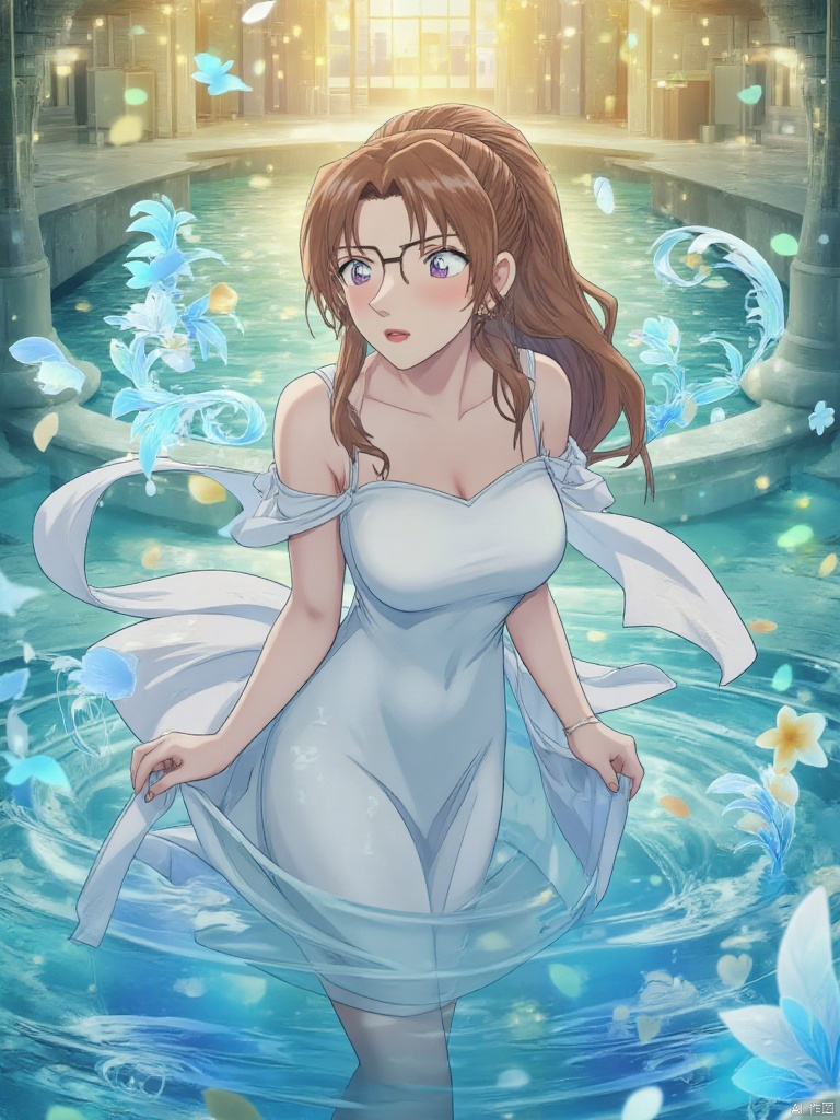 torino,This is an anime-style illustration. The girl in the picture has long brown hair that flows like a waterfall, with smooth and shiny strands. She is wearing a simple yet elegant white dress, and the hem of the dress gently flutters in the water. The girl's skin is as white as snow, and her facial features are exquisite. Her lips slightly curl up, carrying a faint and elusive smile.
The water shows a charming gradient effect, with deep blue at the bottom gradually transitioning to bright sky blue at the top, symbolizing purity and tranquility. The gentle water current surrounds the girl, and her hair spreads out like soft clouds, seamlessly blending with the water flow.
In the background, sunlight passes through the clear water, forming golden rays that project dappled and dreamy light and shadow around the girl. The interwoven light and shadow create a mysterious and charming atmosphere. The girl's eyes gaze upward, filled with longing for the unknown, as if she is pursuing some distant and beautiful dream. Her expression is gentle and mysterious, emanating an inner strength while also revealing a vulnerability that evokes compassion.
This work adopts highly saturated colors that echo each other and achieve a perfect balance. The blue water, the white dress, and the golden sunlight together form a scene that is both dreamy and realistic, making viewers seem to feel that peaceful and hopeful emotional atmosphere.
The quality requirements for the picture are extremely high resolution, excellent clarity, and just the right color saturation, enabling a clear display of the dynamics of the water flow and the fine texture of the girl's hair.,Ran