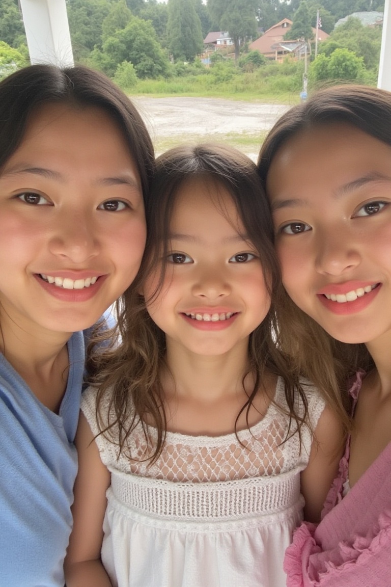 A well-composed three-person family photo featuring a young girl in the center,  a woman on her left,  and a young woman o...
